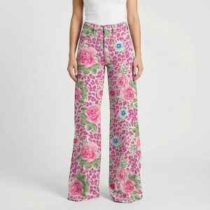 Florava - Wide-Leg Floral Print Baggy Pants Pink Floral
