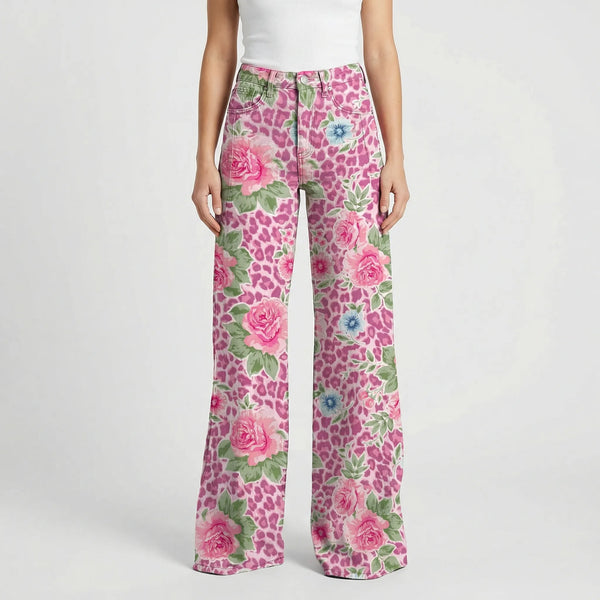 Florava - Wide-Leg Floral Print Baggy Pants Pink Floral