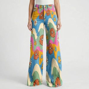 Florava - Wide-Leg Floral Print Baggy Pants Waves & Flowers