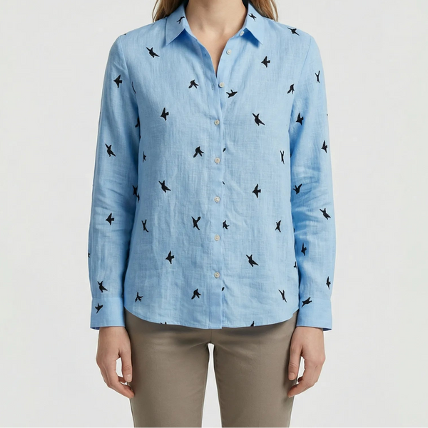 Flyrella - Button-Down Bird Print Blouse Blue (with Birds)
