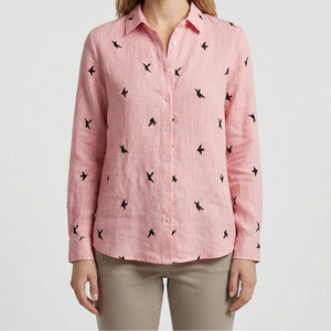Flyrella - Button-Down Bird Print Blouse Pink (with Birds)