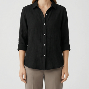 Flyrella - Button-Down Bird Print Blouse Black