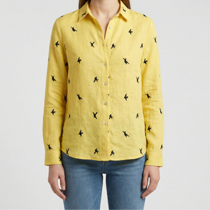 Flyrella - Button-Down Bird Print Blouse Yellow (with Birds)
