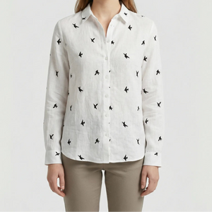 Flyrella - Button-Down Bird Print Blouse White (with Birds)