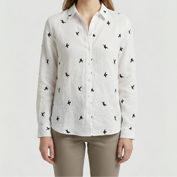 Flyrella - Button-Down Bird Print Blouse White (with Birds)
