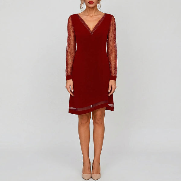 Glimmette - Deep V-Neck Sheer-Sleeve Mini Dress Red