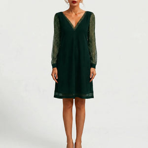 Glimmette - Deep V-Neck Sheer-Sleeve Mini Dress Green