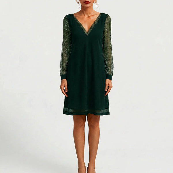 Glimmette - Deep V-Neck Sheer-Sleeve Mini Dress Green