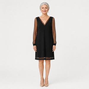 Glimmette - Deep V-Neck Sheer-Sleeve Mini Dress Black