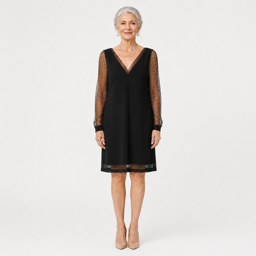 Glimmette - Deep V-Neck Sheer-Sleeve Mini Dress Black