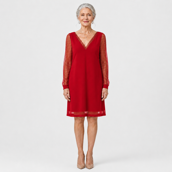 Glimmette - Deep V-Neck Sheer-Sleeve Mini Dress Red