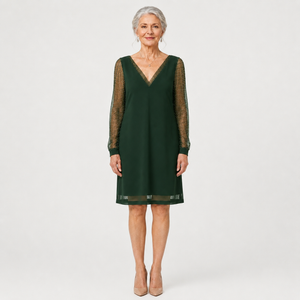 Glimmette - Deep V-Neck Sheer-Sleeve Mini Dress Green