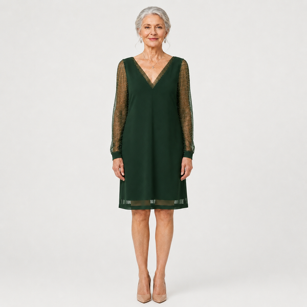 Glimmette - Deep V-Neck Sheer-Sleeve Mini Dress Green