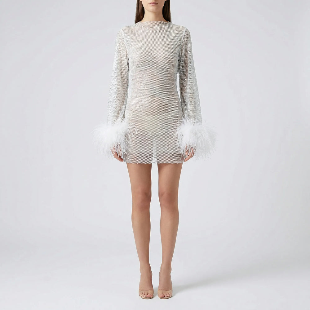 Glimmra - Sequined Mini Dress With Feather Cuffs