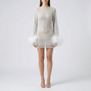 Glimmra - Sequined Mini Dress With Feather Cuffs White S