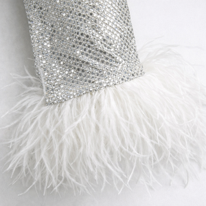 Glimmra - Sequined Mini Dress With Feather Cuffs