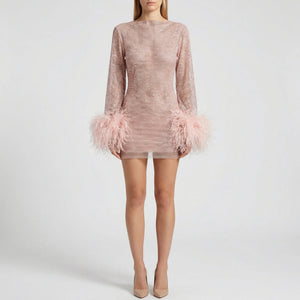Glimmra - Sequined Mini Dress With Feather Cuffs Light Pink S