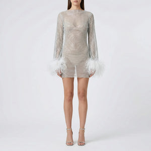 Glimmra - Sequined Mini Dress With Feather Cuffs
