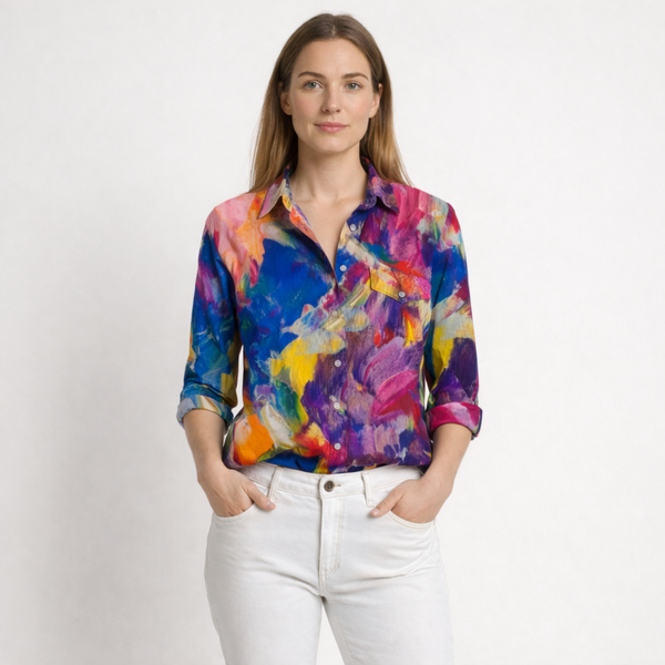 Hazella - Geometric Print Button-Down Blouse Fuchsia