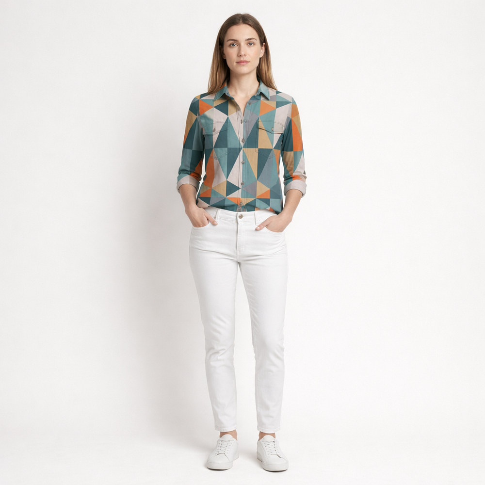 Hazella - Geometric Print Button-Down Blouse Orange