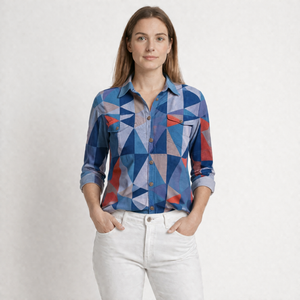 Hazella - Geometric Print Button-Down Blouse Blue
