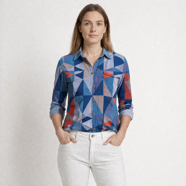 Hazella - Geometric Print Button-Down Blouse Blue