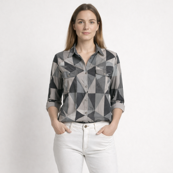 Hazella - Geometric Print Button-Down Blouse Gray