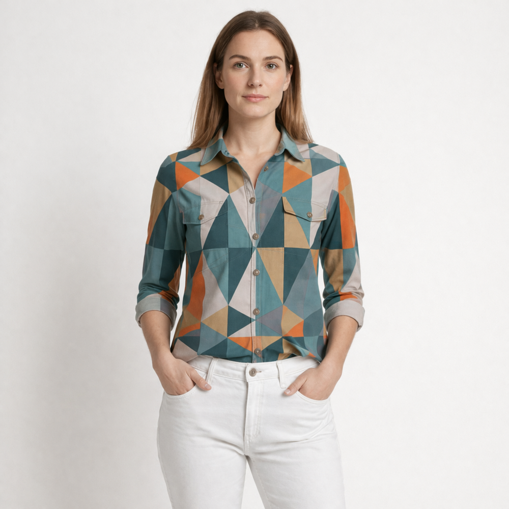 Hazella - Geometric Print Button-Down Blouse Orange