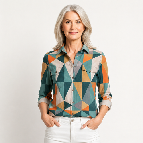 Hazella - Geometric Print Button-Down Blouse Orange