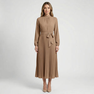 Plissara - Long-Sleeve Belted Midi Dress Khaki