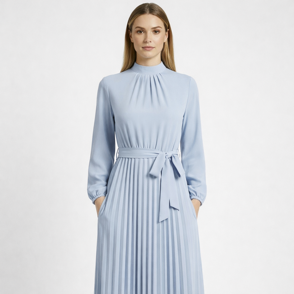 Plissara - Long-Sleeve Belted Midi Dress Light Blue
