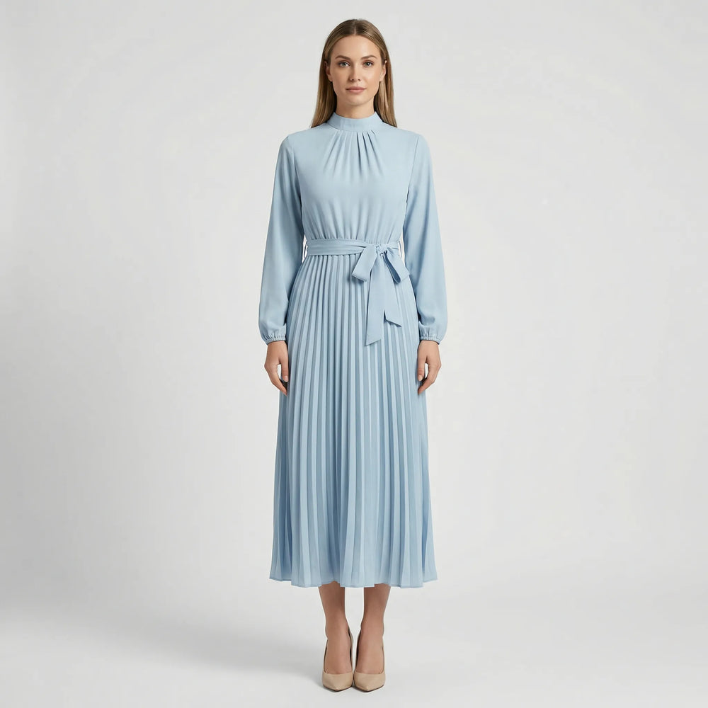 Plissara - Long-Sleeve Belted Midi Dress Light Blue