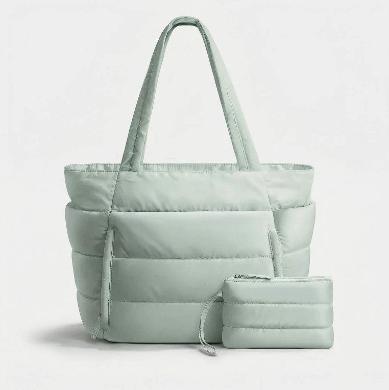 Puffette - Large Quilted Shoulder Tote With Pouch Set
