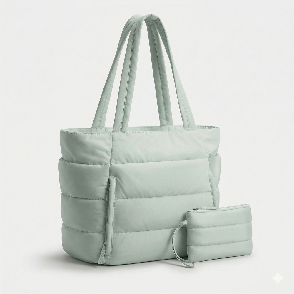Puffette - Large Quilted Shoulder Tote With Pouch Set
