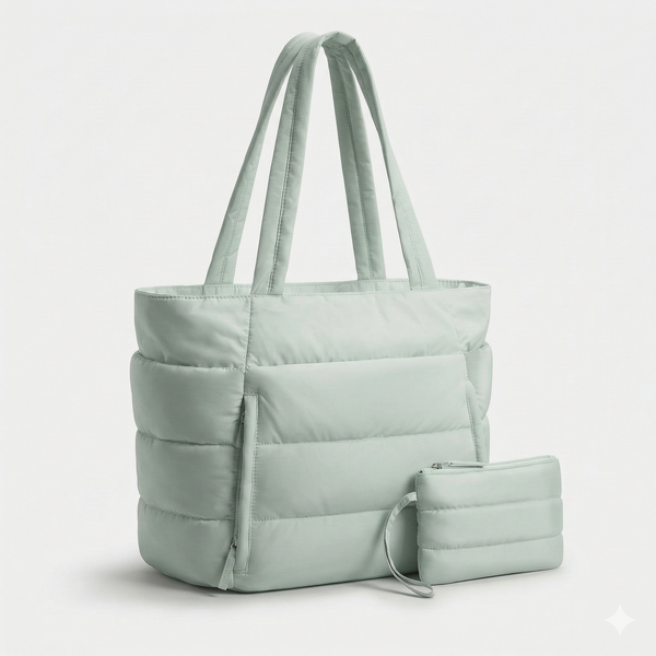 Puffette - Large Quilted Shoulder Tote With Pouch Set