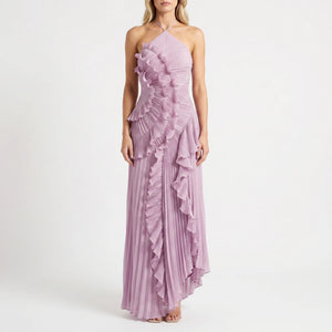 Ruffléa - Pleated Ruffle Halter Maxi Dress