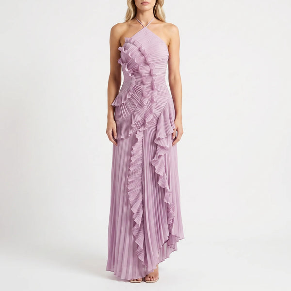 Ruffléa - Pleated Ruffle Halter Maxi Dress