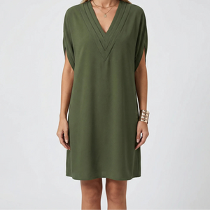 Slyvene - V-Neck Split-Sleeve Mini Dress Army Green