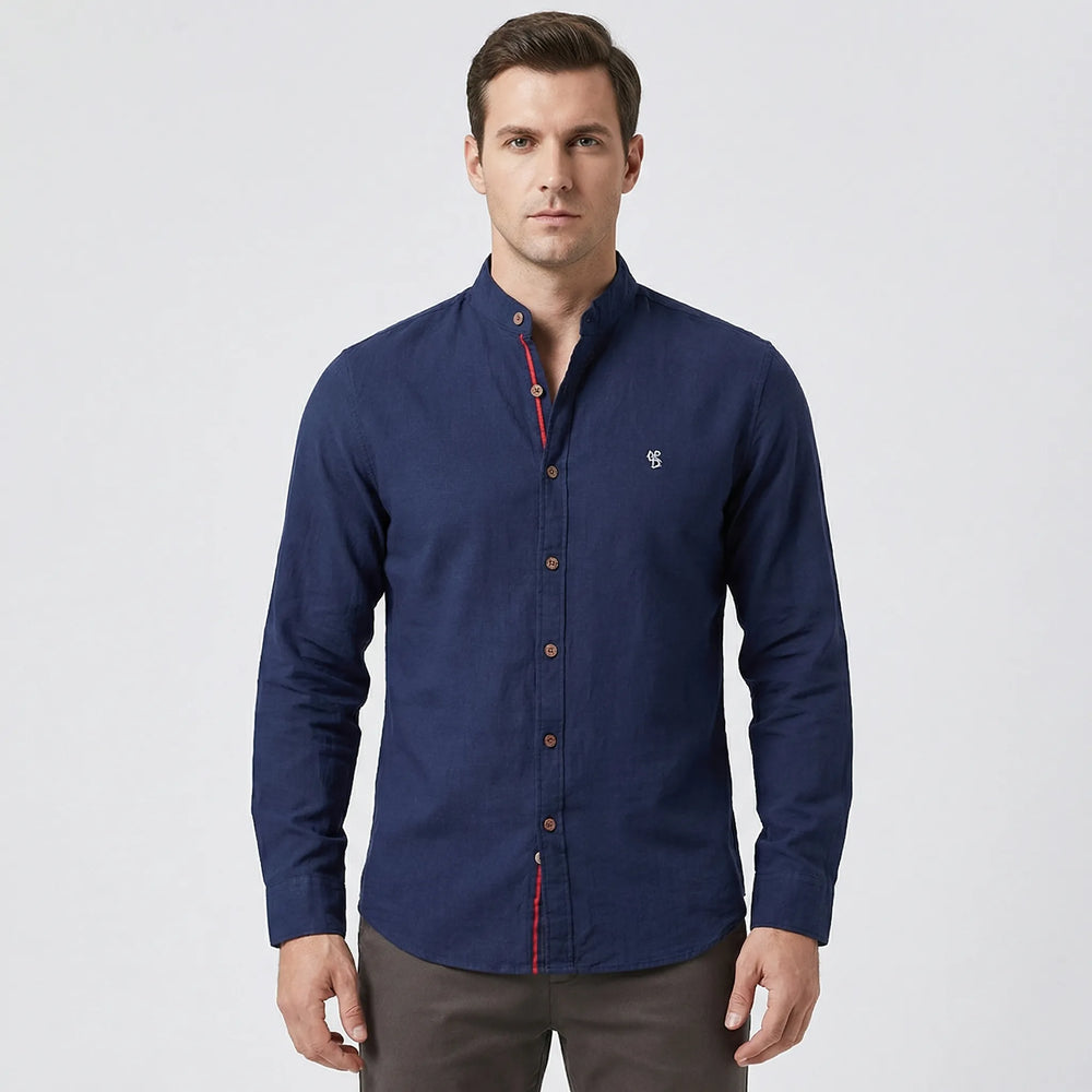 Strandco - Long Sleeve Band Collar Shirt Navy Blue