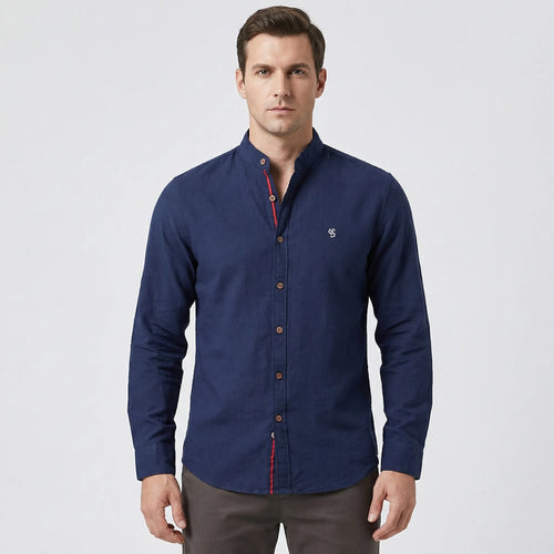 Strandco - Long Sleeve Band Collar Shirt Navy Blue