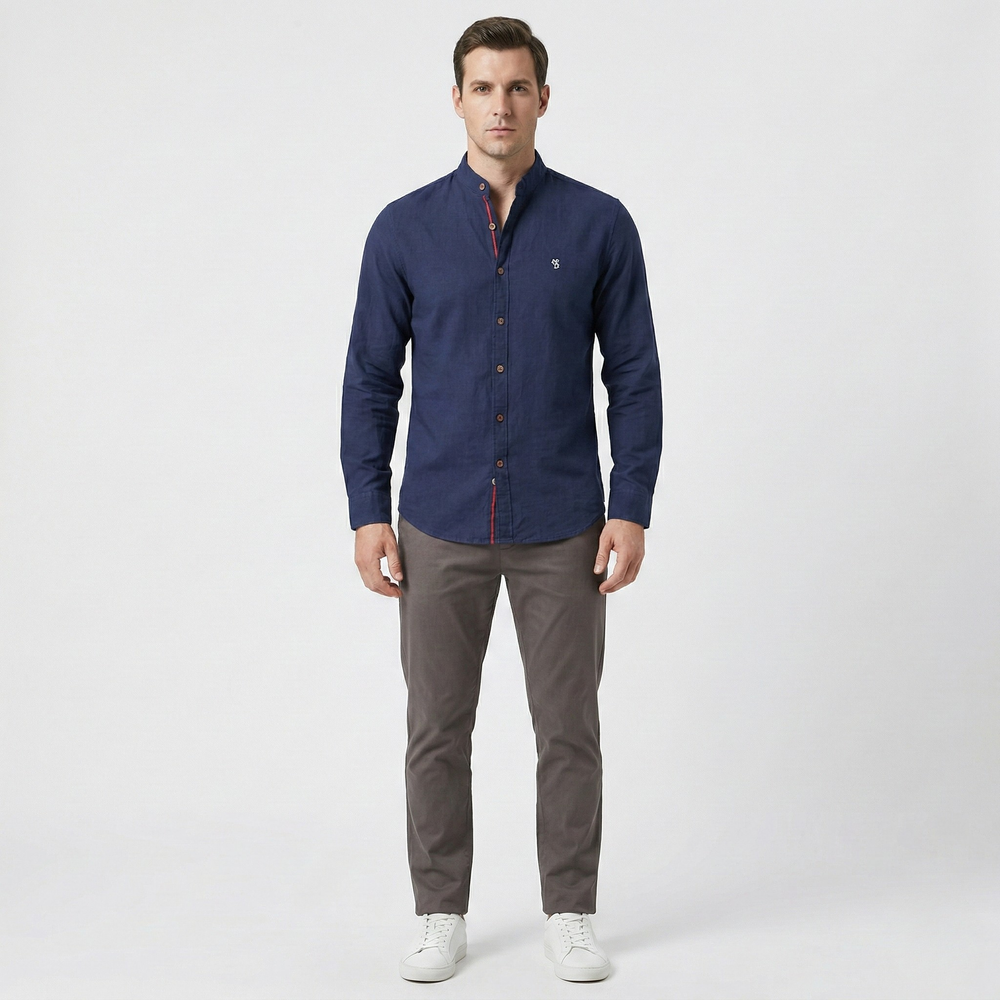 Strandco - Long Sleeve Band Collar Shirt Navy Blue