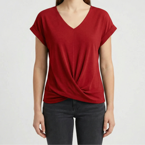 Twivera - Short Sleeve V-Neck Twist Top Red