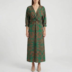 Veloura - Long-Sleeve V-Neck Printed Midi Dress Green