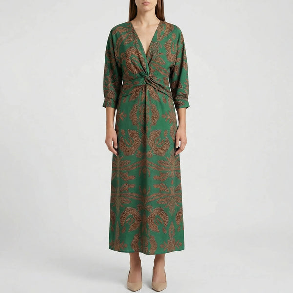 Veloura - Long-Sleeve V-Neck Printed Midi Dress Green