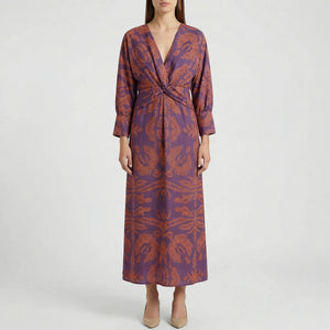 Veloura - Long-Sleeve V-Neck Printed Midi Dress Purple