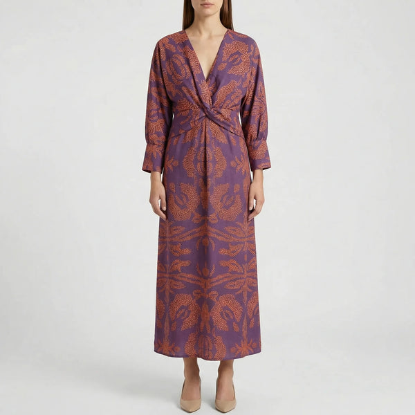 Veloura - Long-Sleeve V-Neck Printed Midi Dress Purple