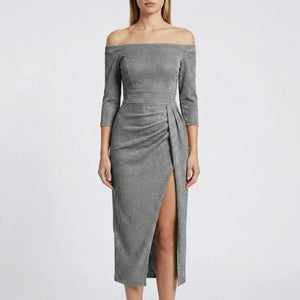 Velourna - Off-Shoulder Long-Sleeve Evening Dress Gray