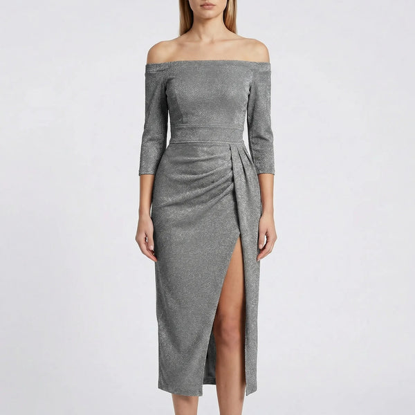 Velourna - Off-Shoulder Long-Sleeve Evening Dress Gray