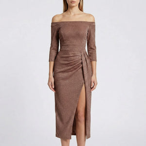 Velourna - Off-Shoulder Long-Sleeve Evening Dress Brown