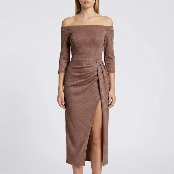 Velourna - Off-Shoulder Long-Sleeve Evening Dress Brown